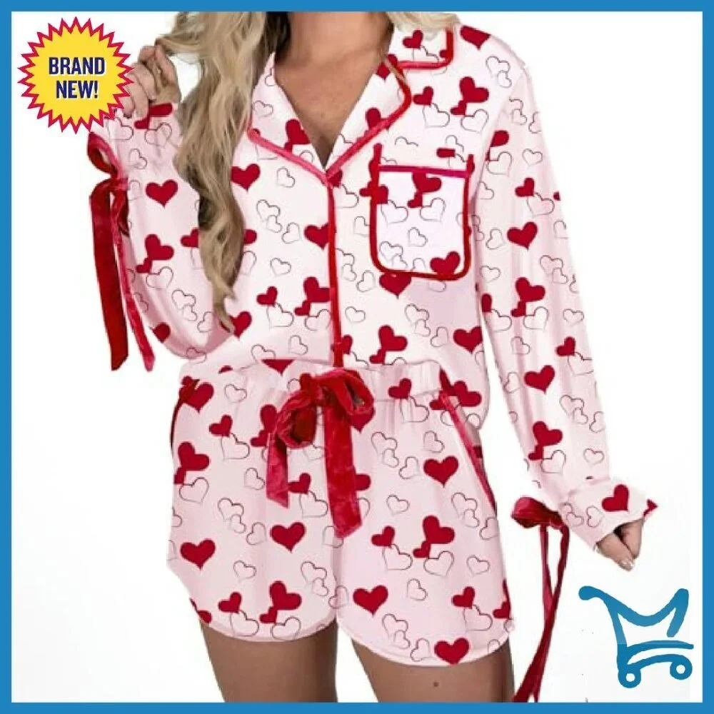Satin Silk Pajama Set Long Sleeve Shorts Bow Heart Print Lounge Sleepwear